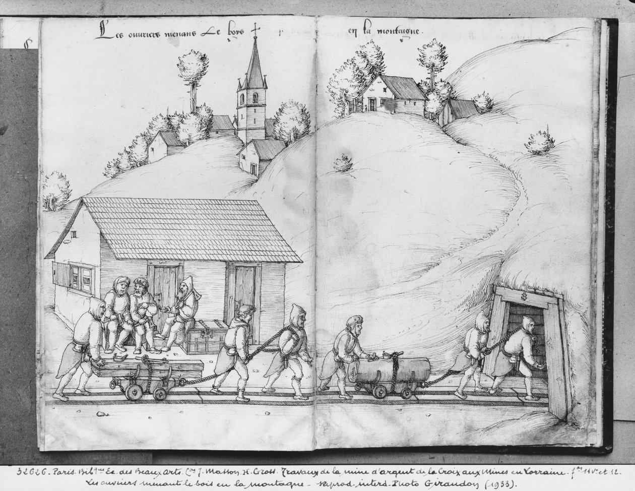 Silver mine of La Croix-aux-Mines, Lorraine, fol.11v and fol.12r, miners bringing wood into the mine, c.1530 by Heinrich Gross or Groff