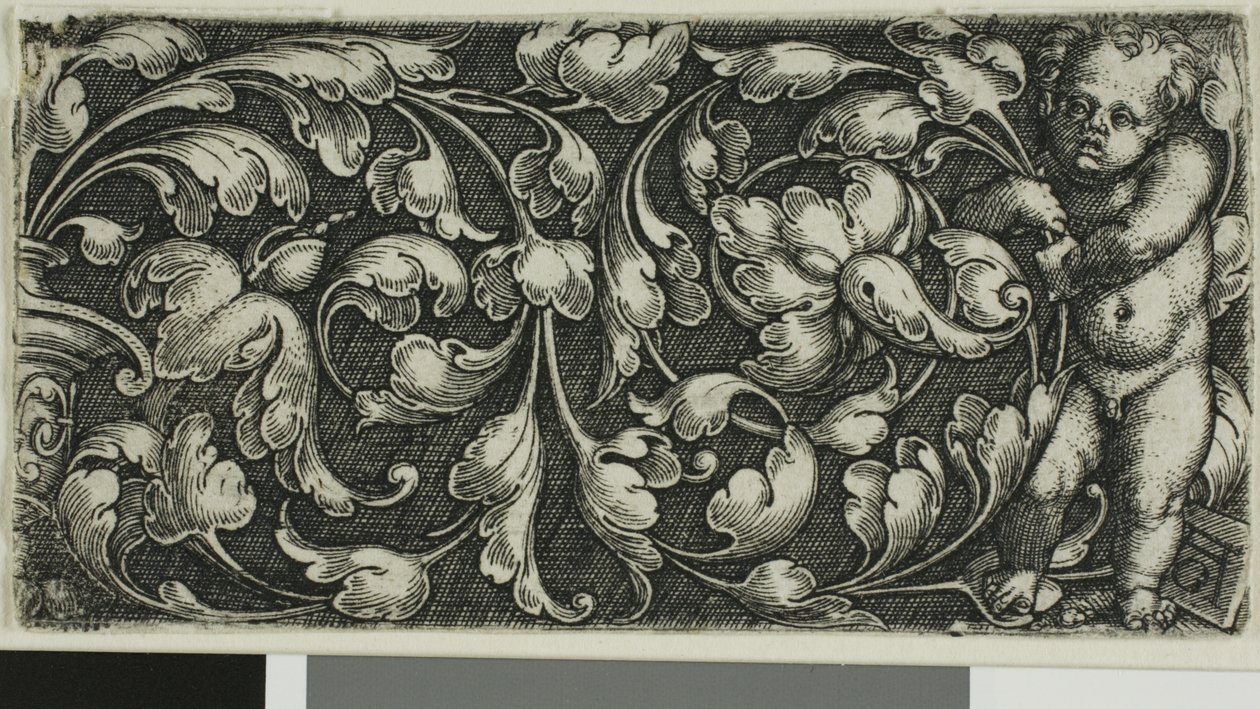 A Double Scroll of Leaf Ornament with a Putto Standing on the Right by Heinrich Aldegrever