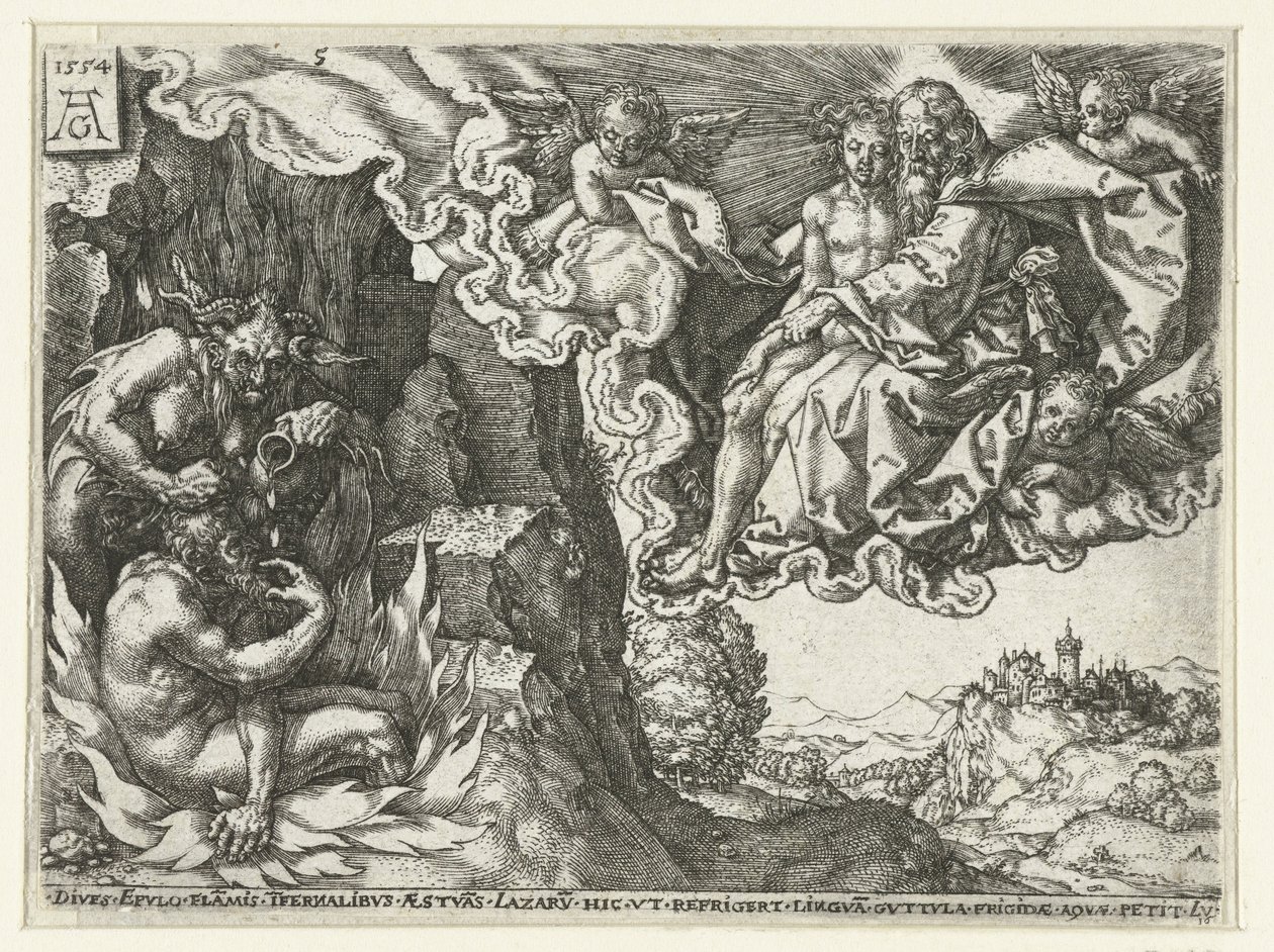 The Rich Man in Hell Sees Abraham with Lazarus (series: Parable of Lazarus and the Rich Man) by Heinrich Aldegrever