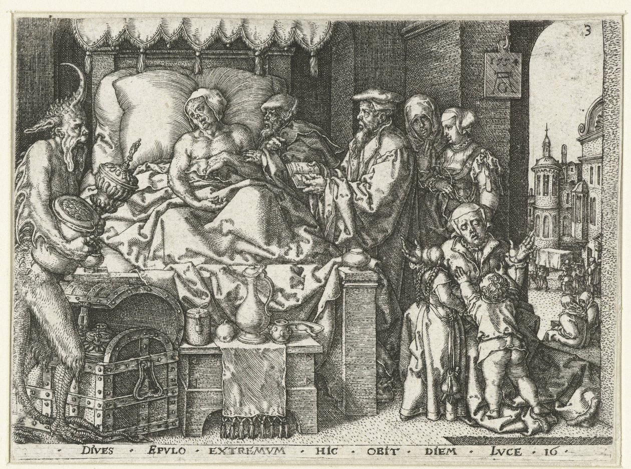 The Rich Man on His Deathbed (Parable of Lazarus and the Rich Man) by Heinrich Aldegrever