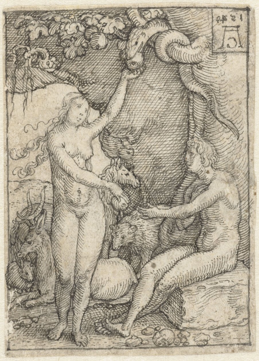 Eve Hands Adam the Apple Under the Tree with the Serpent (Designs for the Series of Engravings The Power of Death) by Heinrich Aldegrever