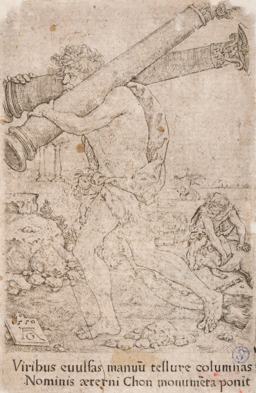 Hercules Carrying the Columns of Gades, from the Series: The Labours of Hercules (12) by Heinrich Aldegrever