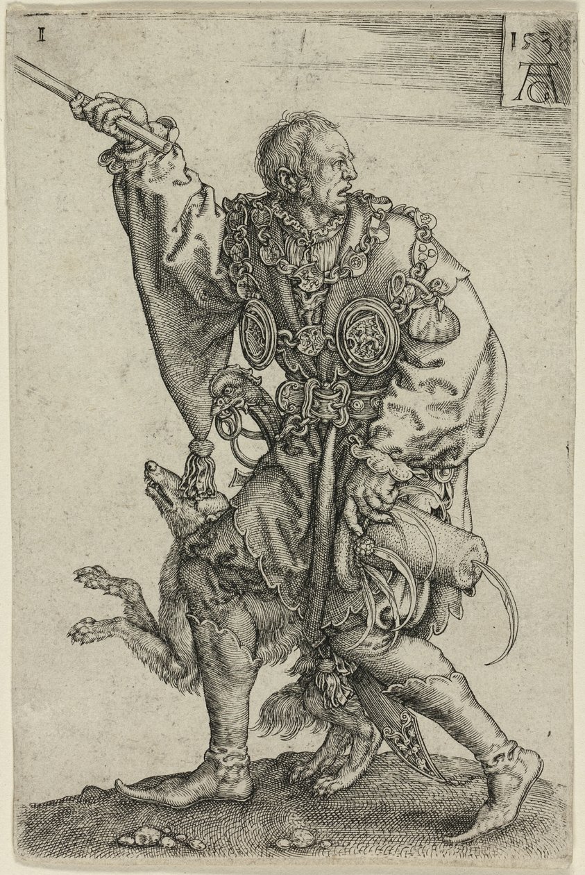 Master of Ceremonies with a Dog, plate one from the Large Wedding-Dancers by Heinrich Aldegrever