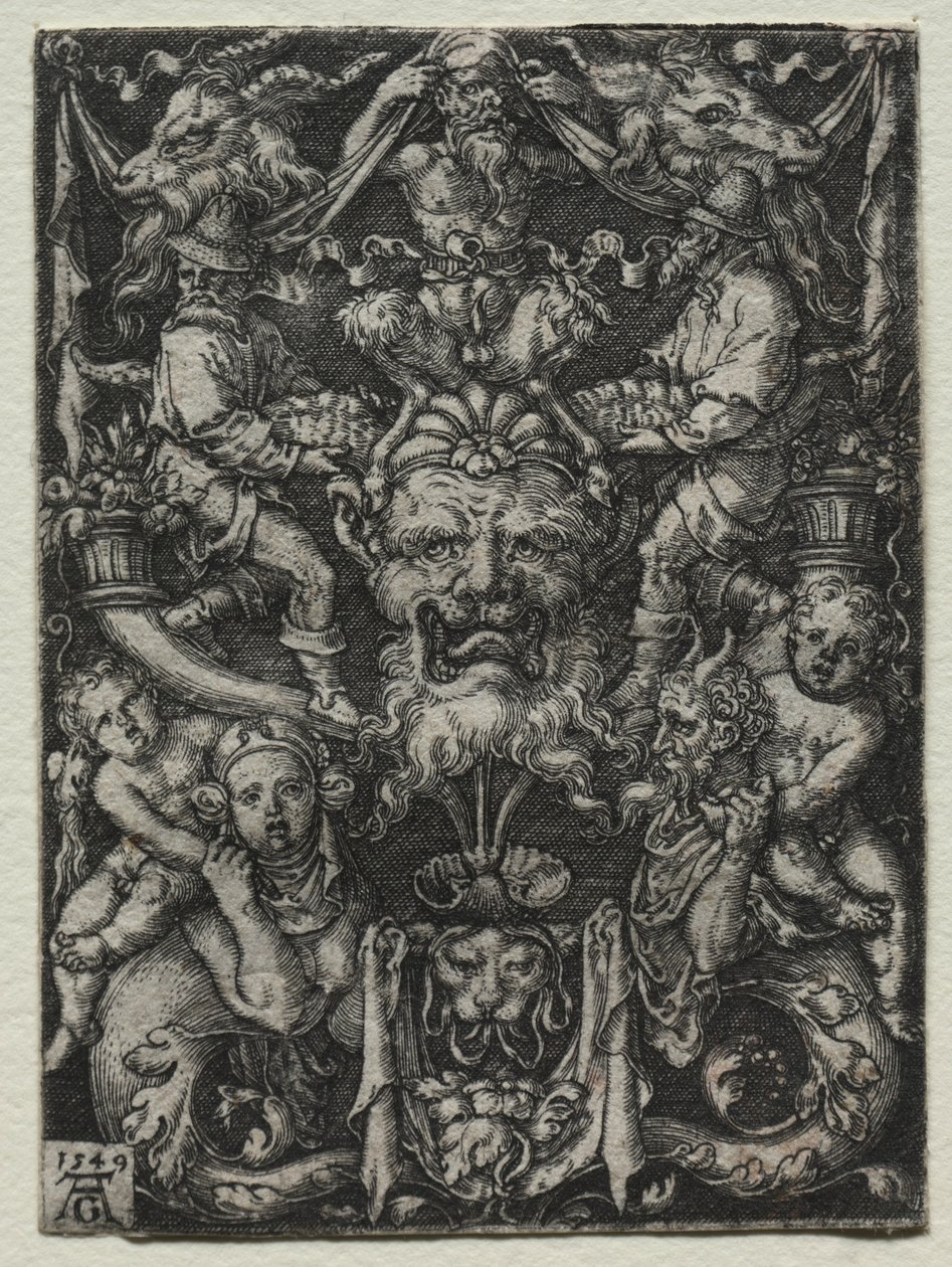 Ornament Design with a Mask, A Couple of Tritons, and Two Children Below by Heinrich Aldegrever