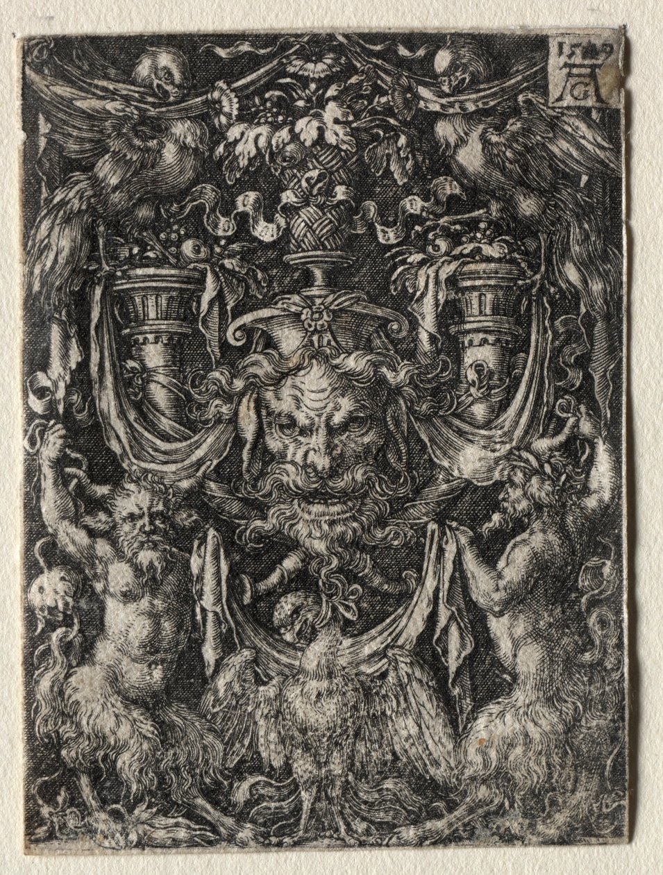 Ornament Design with a Mask and an Eagle Between Two Fauns Below, 1509 by Heinrich Aldegrever