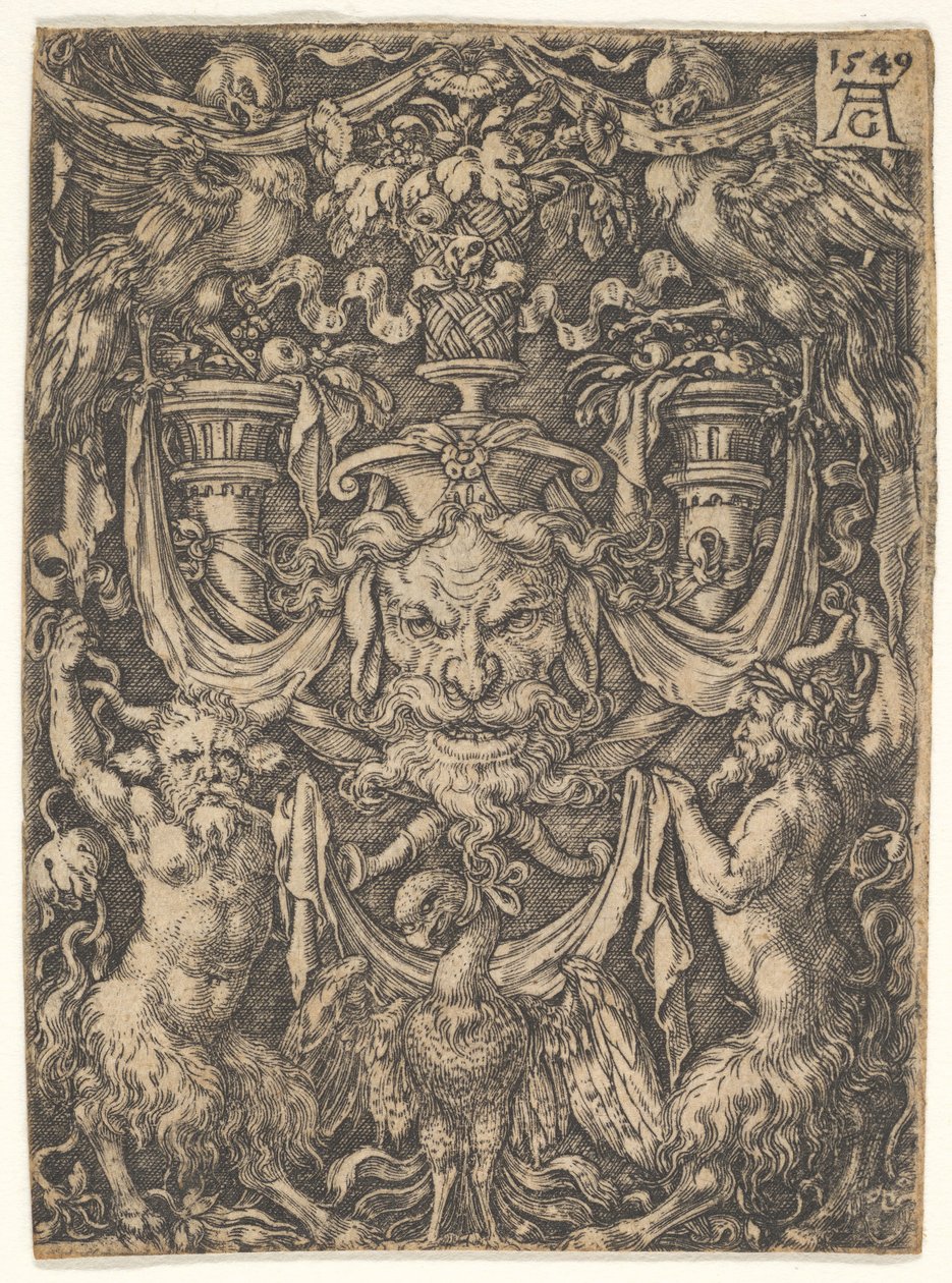 Ornamental Design with a Mask and an Eagle between Two Fauns Below by Heinrich Aldegrever