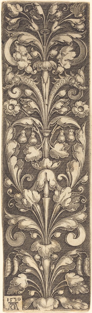 Sprig of Ornamental Foliage with Two Masks and Two Dolphins by Heinrich Aldegrever