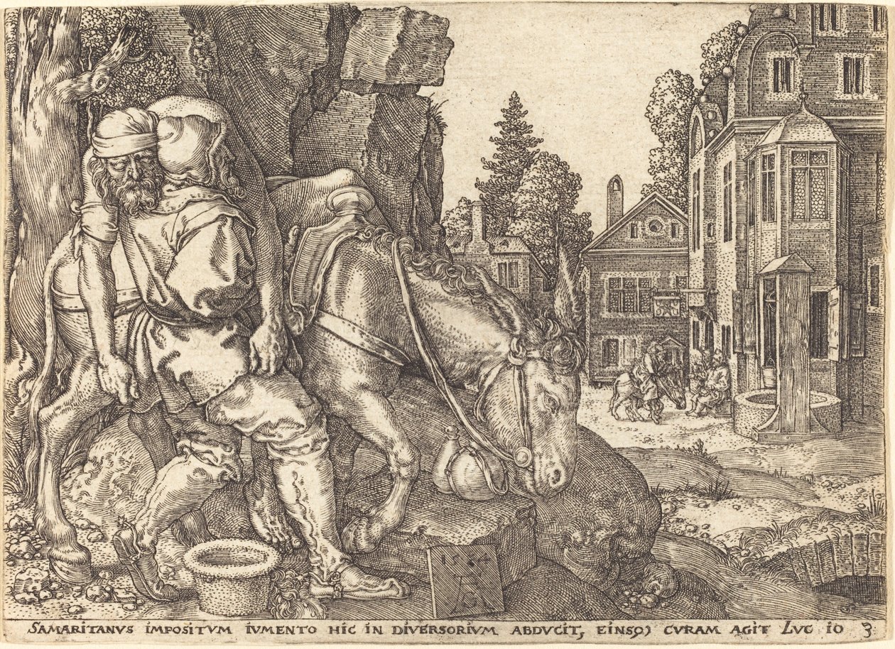 The Good Samaritan Placing the Traveler on a Mule by Heinrich Aldegrever