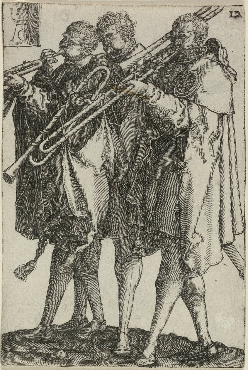 Three Trombonists, Plate Twelve from The Large Wedding-Dancers by Heinrich Aldegrever