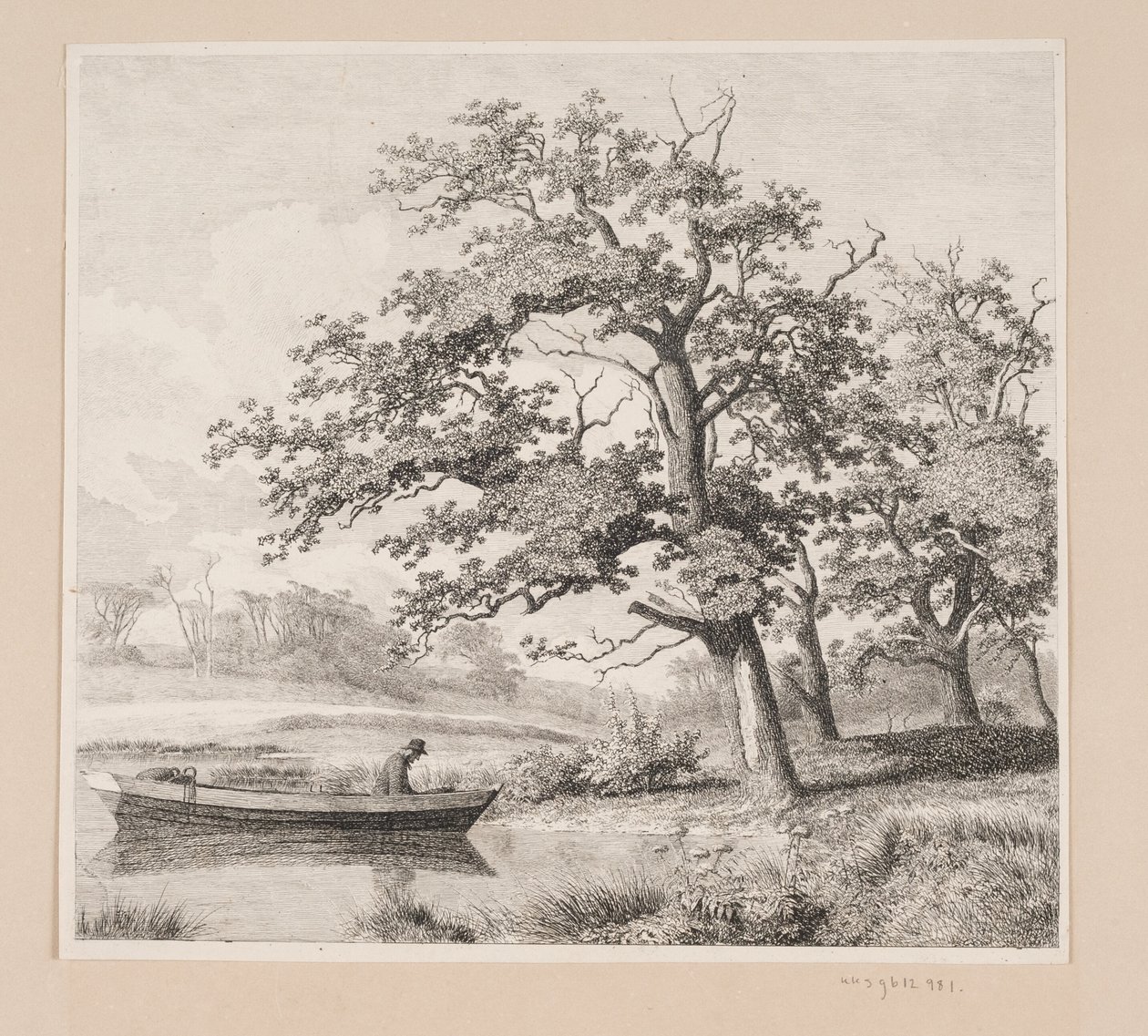 Landscape with Oak Trees by a Lake, where an Old Man is Seen in a Boat by Heinrich Buntzen