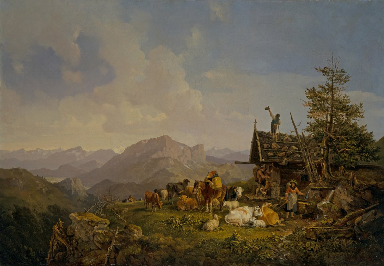 Landscape in the Oberbayen with Herdsmen and Their Cattle Resting by a Hut by Heinrich Burkel
