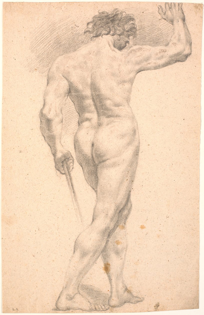 Standing male model, seen from the back, with raised right hand by Heinrich Dittmers