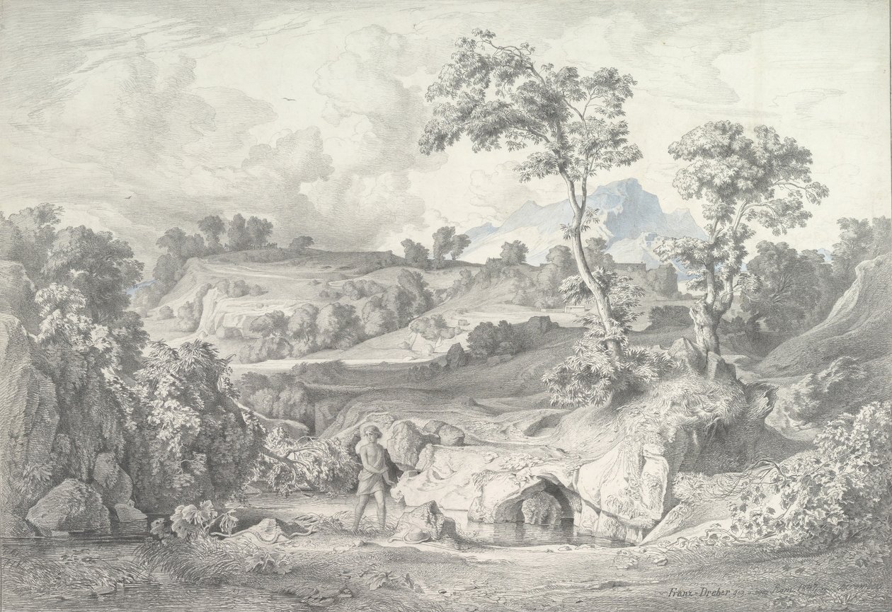 Southern landscape with a man and a snake by Heinrich Dreber