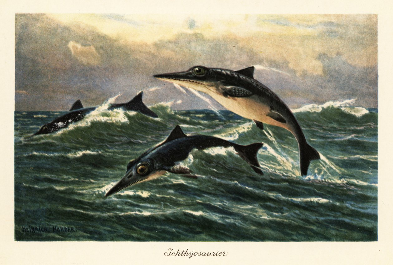 Extinct ichthyosaurs jumping above the ocean by Heinrich Harder