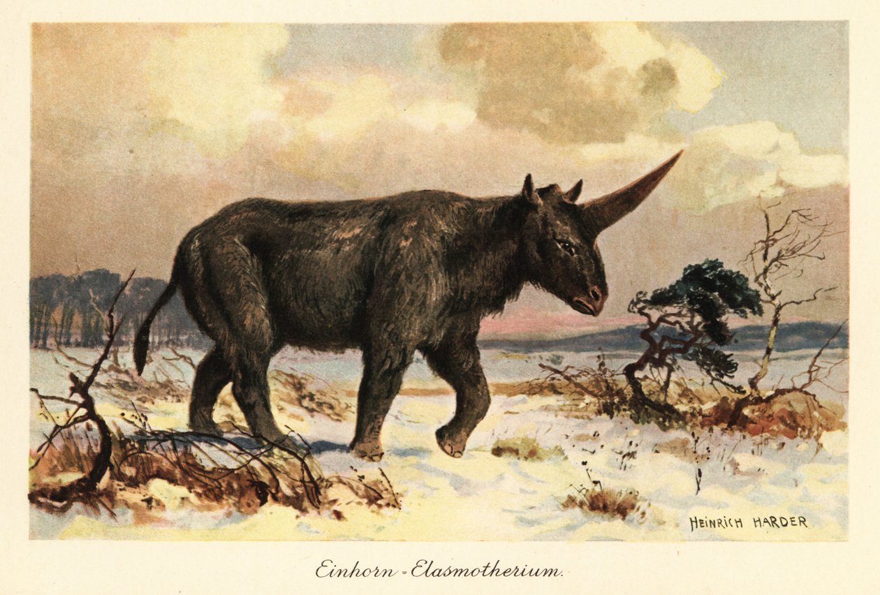 Siberian Unicorn, Elasmotherium Sibiricum, on a Snowy Plain by Heinrich Harder