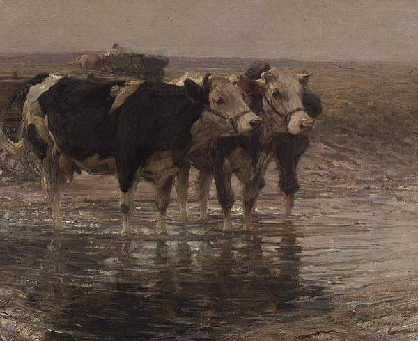Cattle watering by Heinrich Johann von Zugel