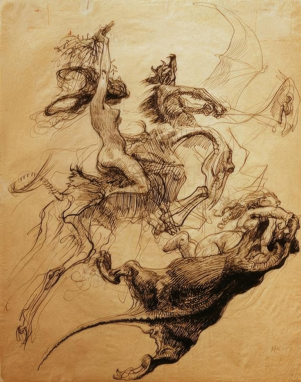 Naked Woman Riding Skeleton and Devil Riding Pterodactyl by Heinrich Kley
