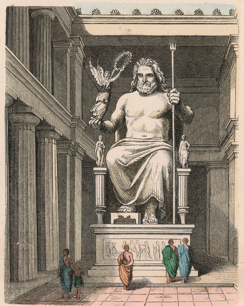 Ancient Greece: Zeus statue in the temple at Olympia - Sculpture by Phidias, c. 440/30 BC one of the Seven Wonders of the World by Heinrich Leutemann