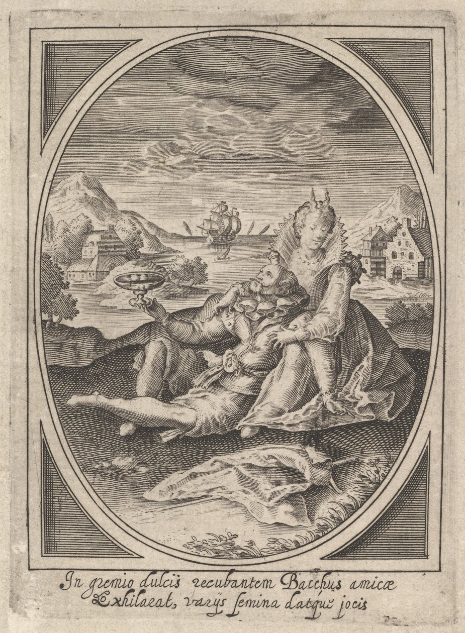 A couple seated on the ground, the man holding a goblet and reclining by Heinrich Ulrich