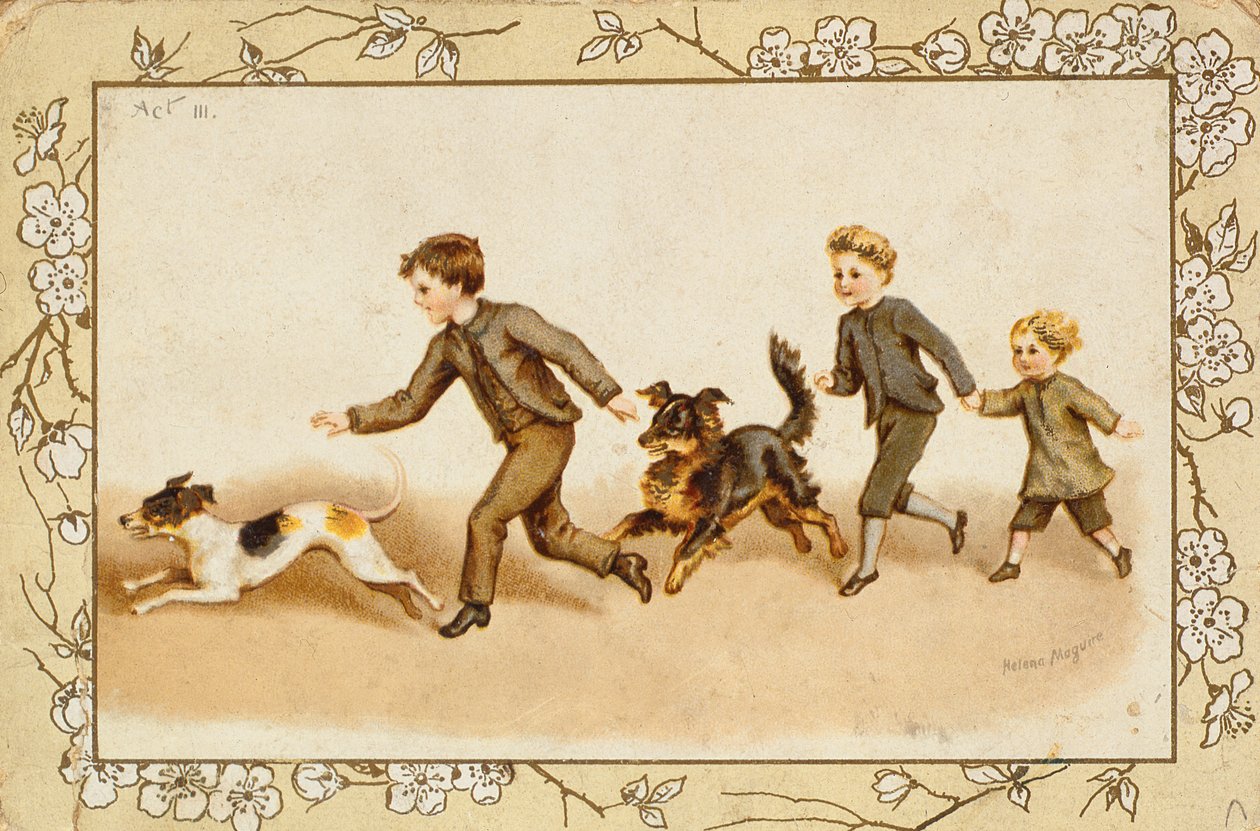 Greetings card depicting children playing with their dogs by Helena J. Maguire