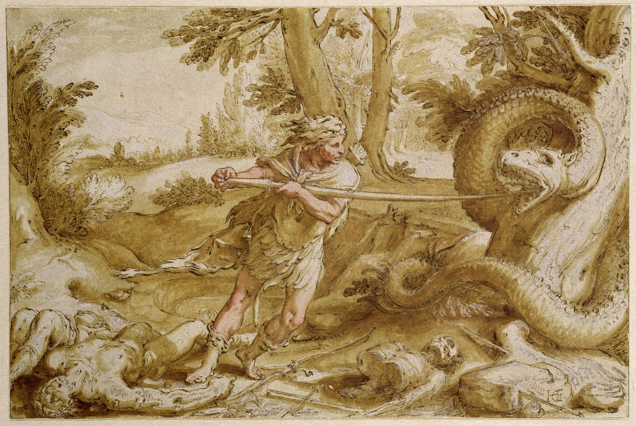 Cadmus about to attack a Dragon by Hendrik Goltzius