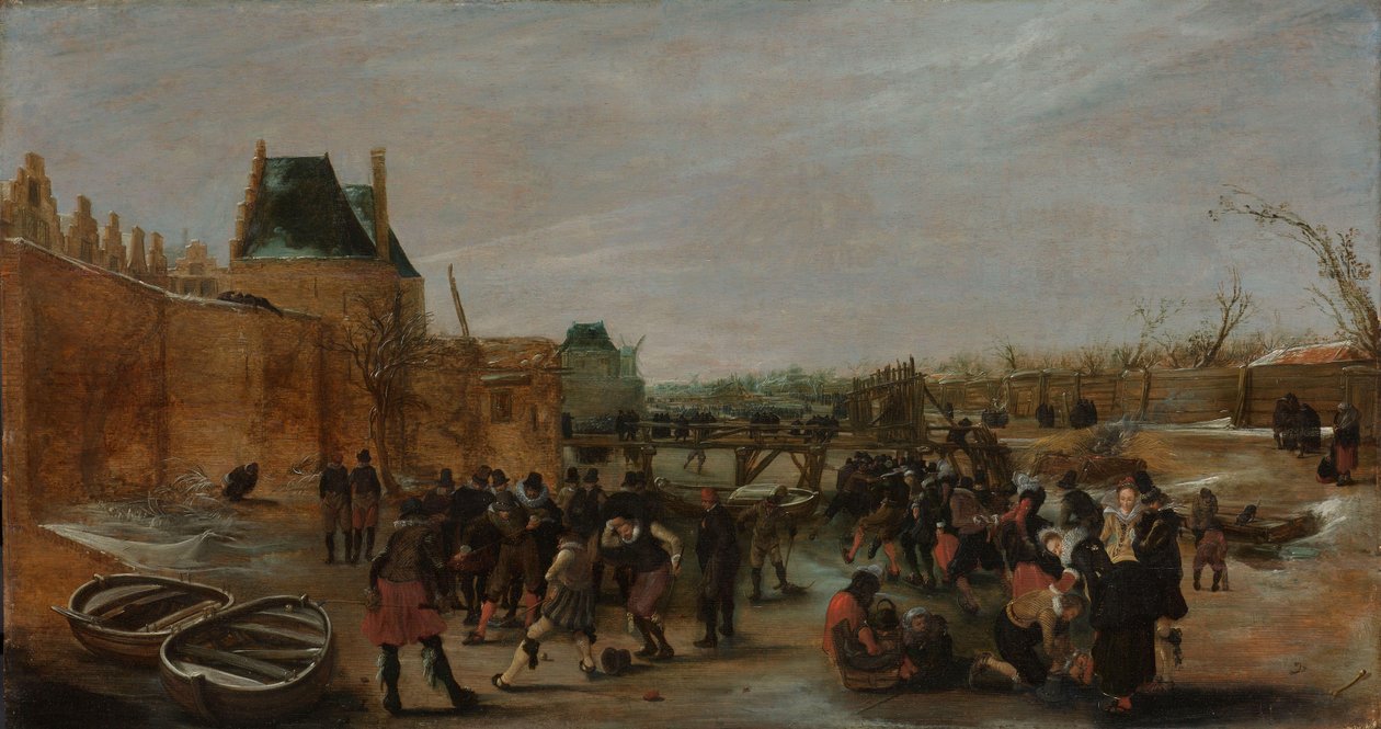 Frolicking on a Frozen Canal in a Town by Hendrick Avercamp (copy after)