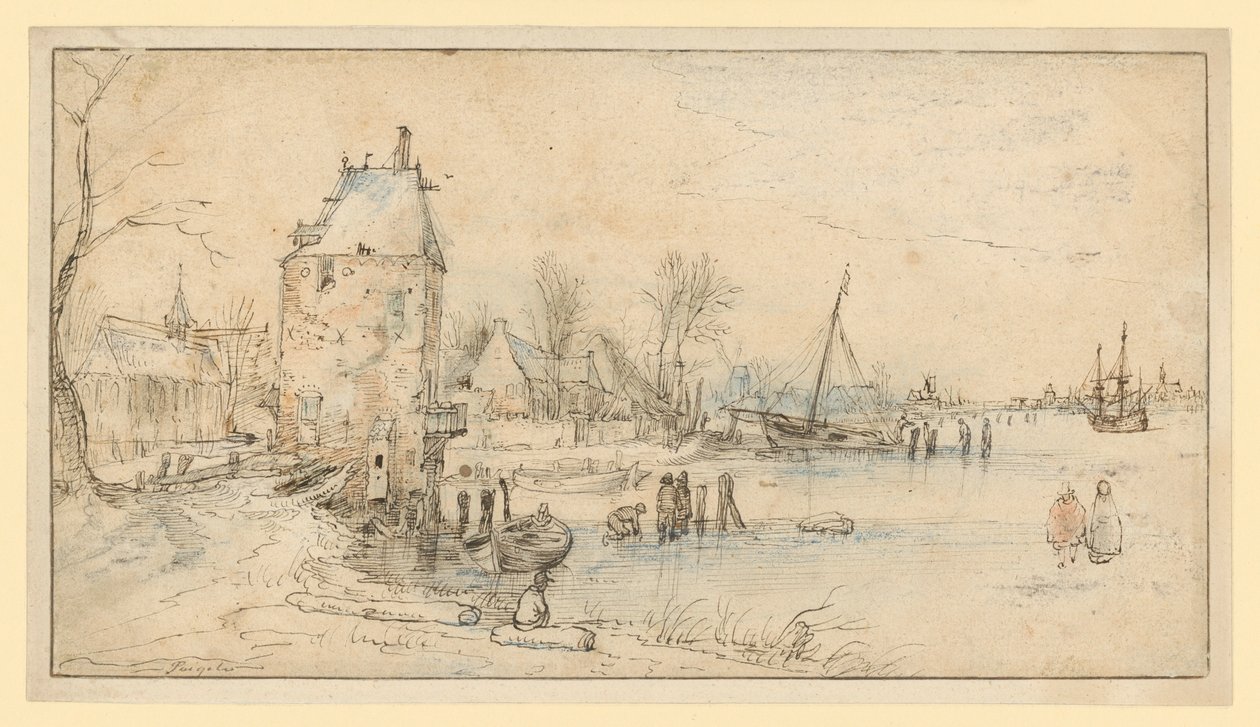 Village with Watchtower and Church on the Lakeshore by Hendrick Avercamp