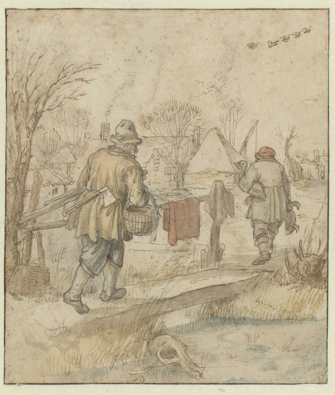 Return of the Duck Hunters / verso: Sketches of Ships and of a Man in Winter Clothing by Hendrick Avercamp