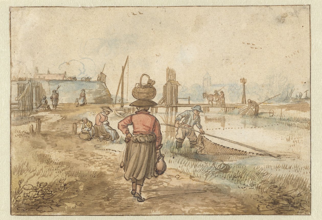 River Landscape with a Woman Carrying a Basket on her Head, Fishermen and Other Figures near the Walls of a Town by Hendrick Avercamp