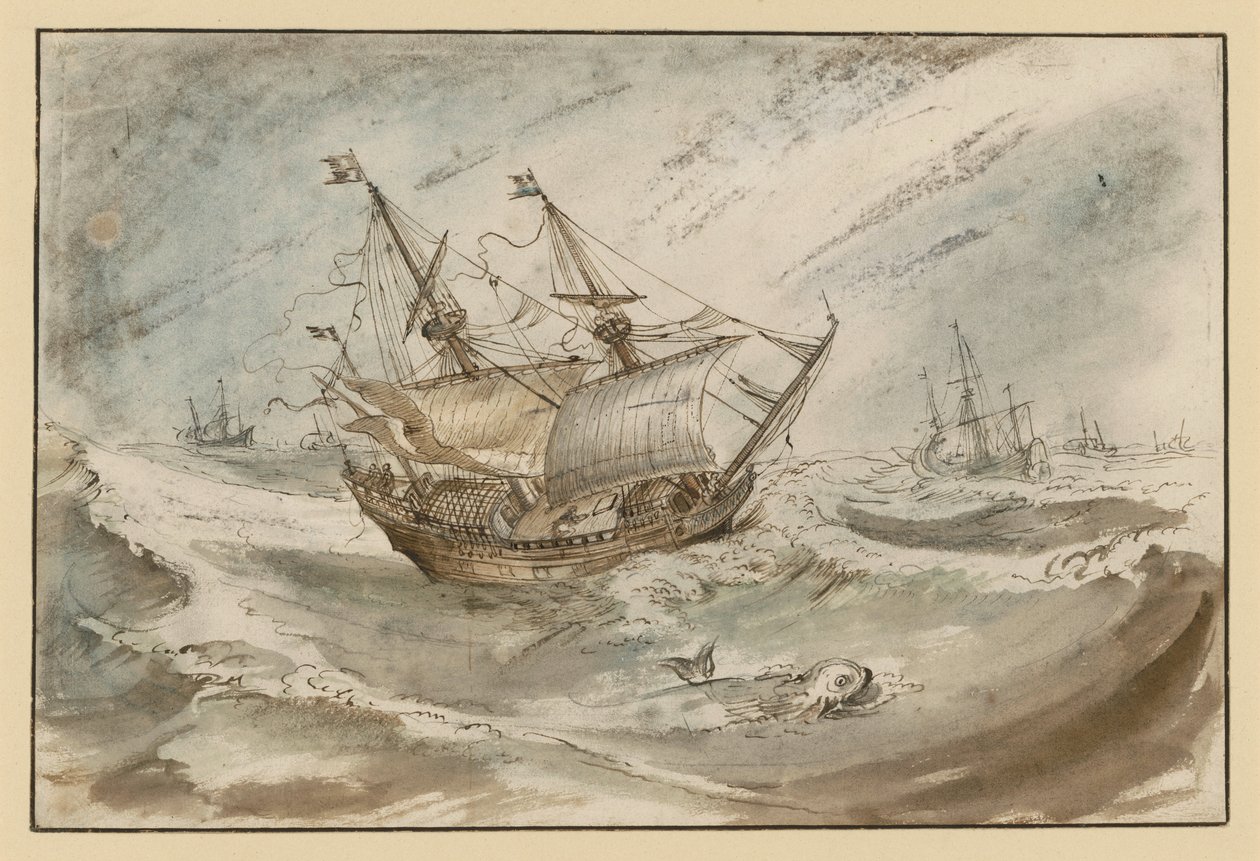 Stormy Sea with Large Sailing Ship by Hendrick Avercamp