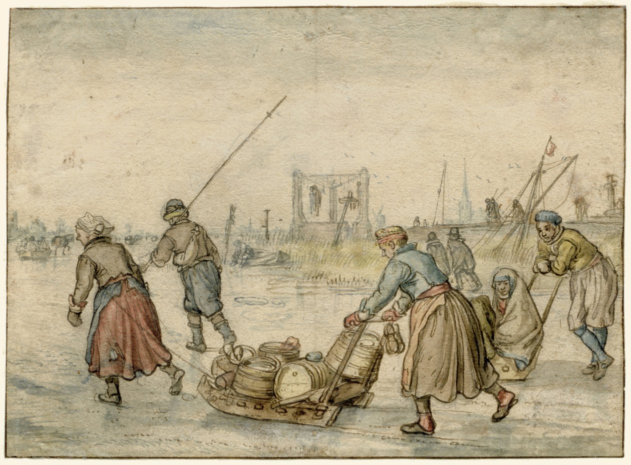 Winter Landscape with Two Women and a Sledge and Other Figures on the Ice, a Gallows in the Distance by Hendrick Avercamp