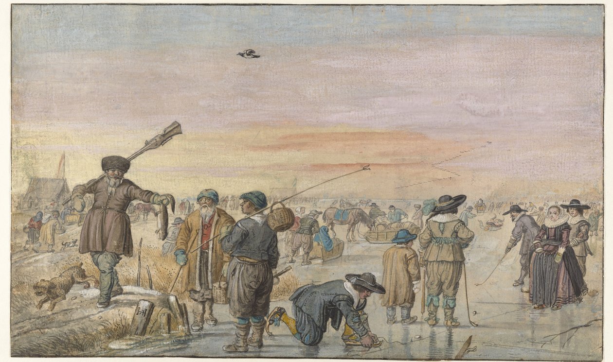 Winter Scene on the Ice, with a Hunter Showing an Otter by Hendrick Avercamp