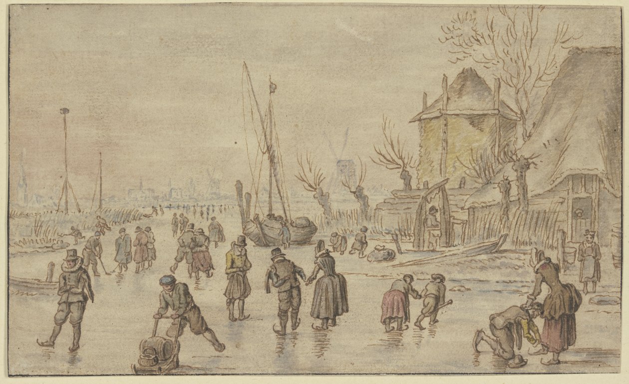Winter Landscape, Many Skaters on the Ice, a Man Fastening Skates on a Woman on the Right by Hendrick Avercamp