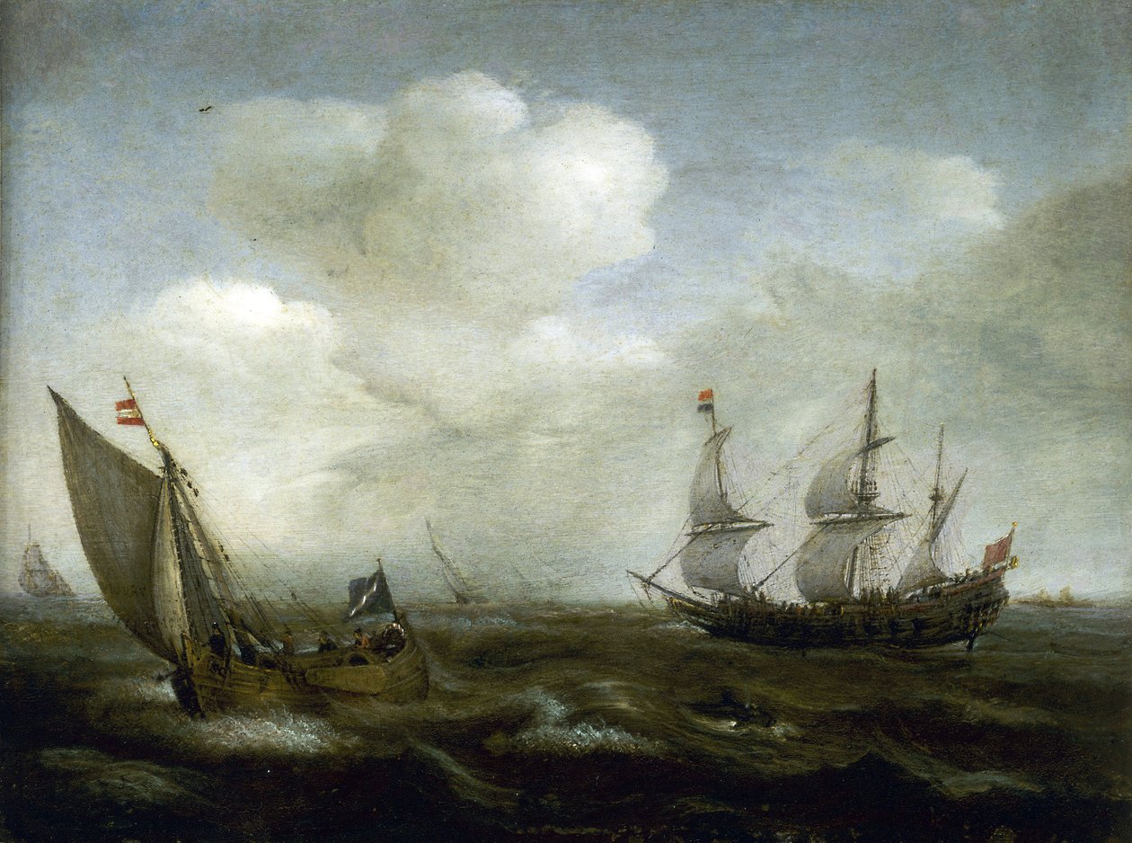 Dutch ship and fishing boat in the breeze by Hendrick Cornelisz Vroom