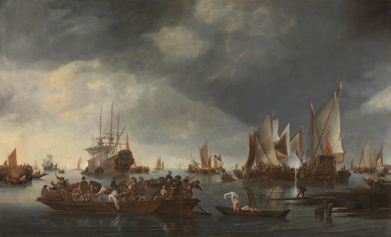 Harbor with Sailboats and Ferry Boat by Hendrick Dubbels