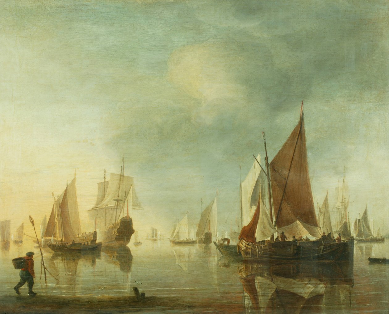Shipping at anchor offshore in a calm sea; evening light by Hendrick Dubbels