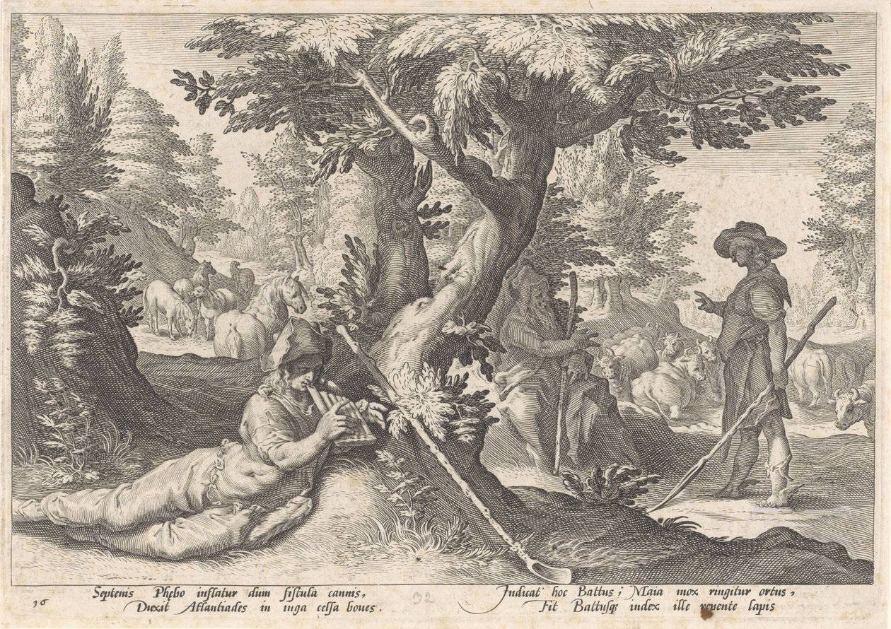 Mercury Transforms Battus into a Stone (Metamorphoses of Ovid) by Hendrick Goltzius (workshop of)