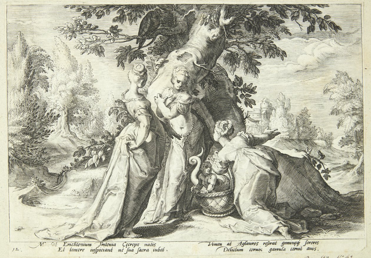 The Daughters of Cecrops Open the Basket Entrusted to Them by Minerva by Hendrick Goltzius
