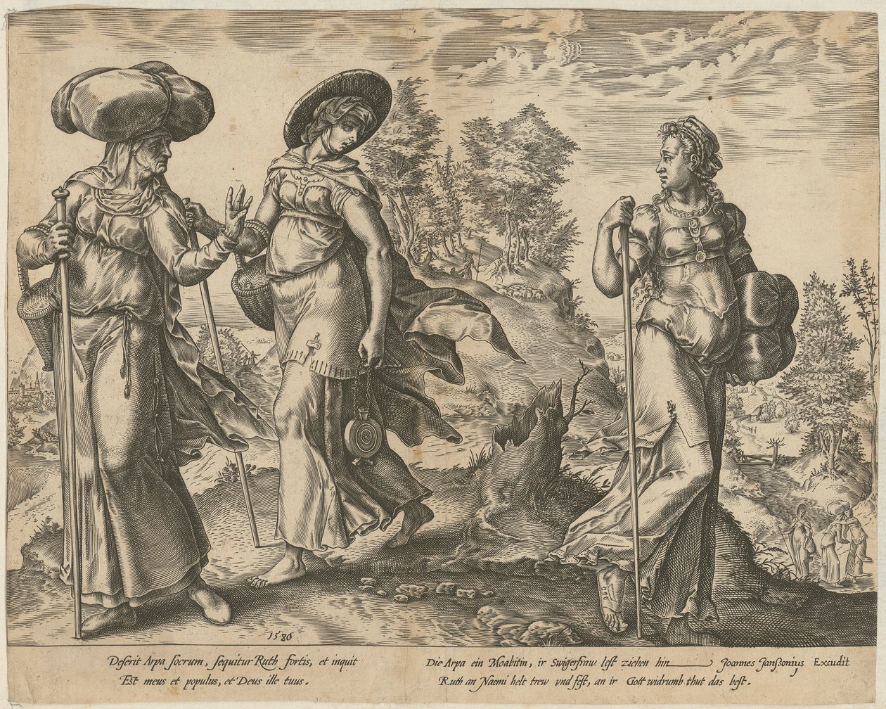 Orpah Leaves Ruth and Naomi [Sheet 1] and Ruth before Boaz in the Field [Sheet 2], Sheets 1 and 2 of the Series "The Story of Ruth" by Hendrick Goltzius