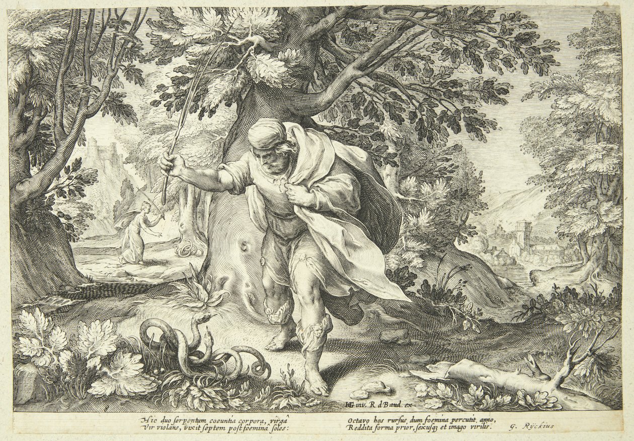 Teiresias Strikes Two Mating Snakes with His Staff by Hendrick Goltzius
