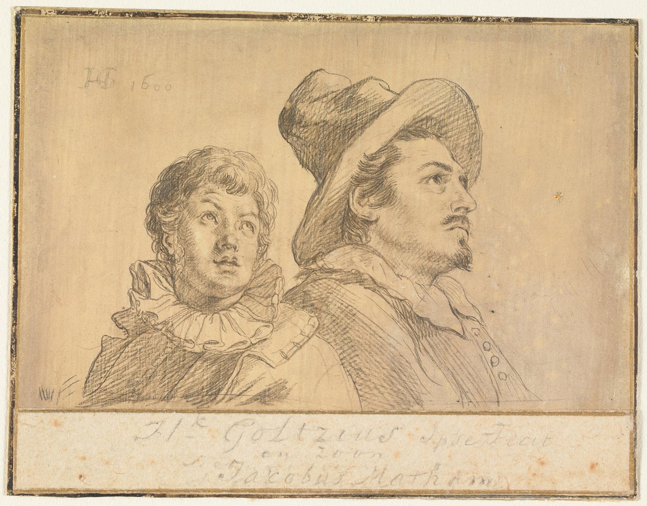 Two Men, Possibly Jan Matthijs Ban and Philips van Winghe (recto). Boy with Hat, Half-Length. Holding a Dead Old Man (verso) by Hendrick Goltzius
