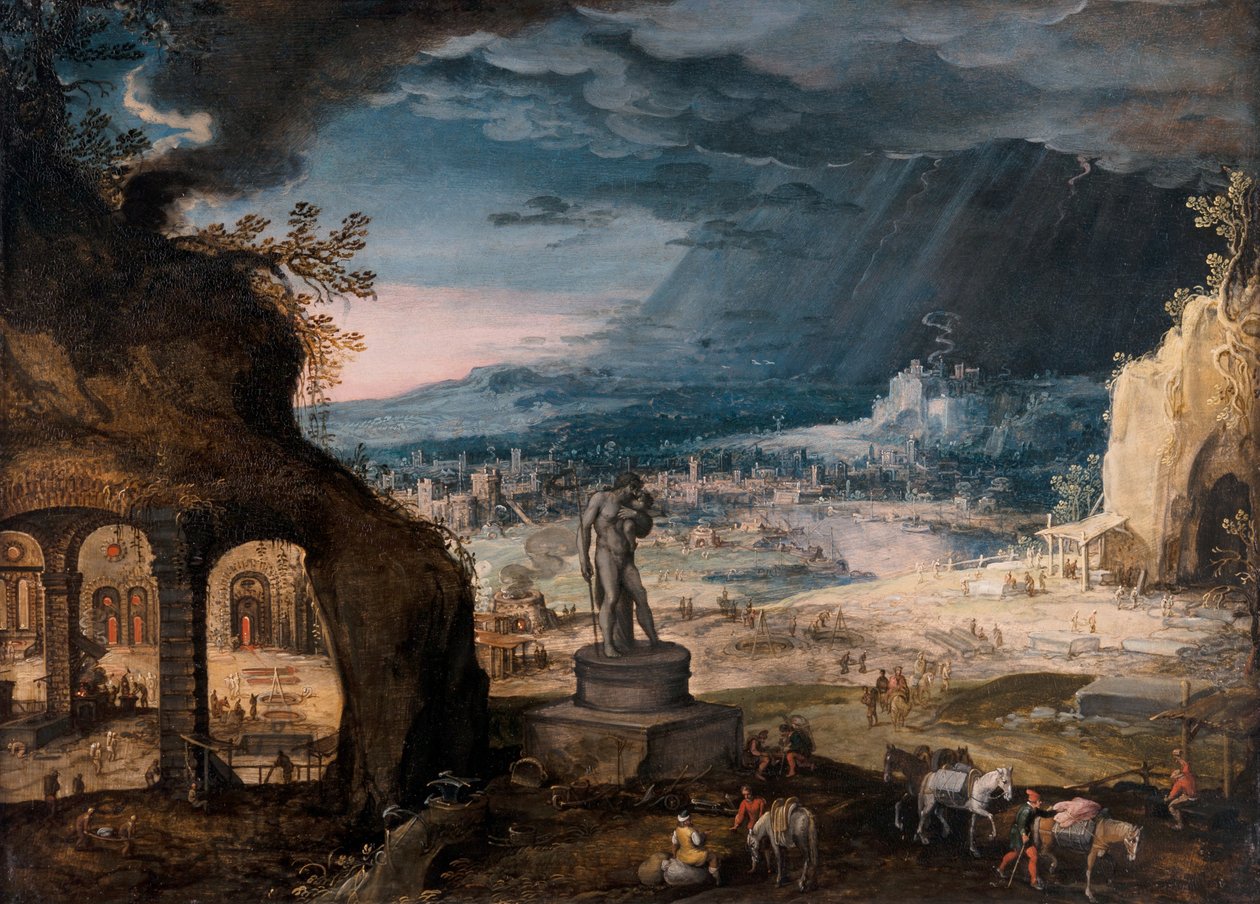 Landscape with a Statue of Saturnos/Allegory Of Time Passing By by Hendrick van Cleve