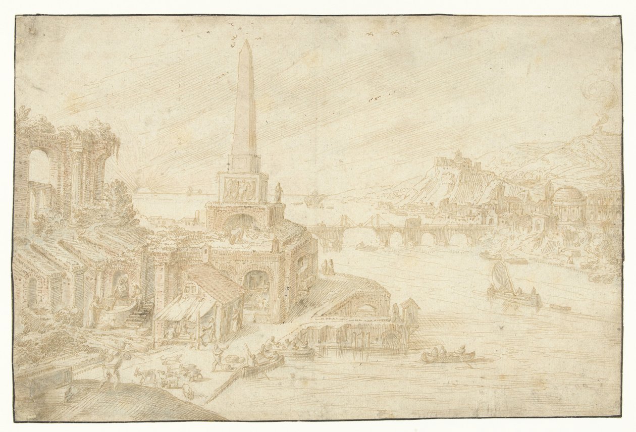 Obelisk next to ruins (series title: Regionum, Rurium, Fundorumque) by Hendrick van Cleve