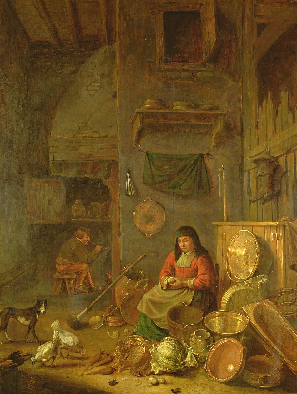 A Kitchen Interior with a Woman Peeling Potatoes beside a Dog, a Man Smoking in front of a Fire beyond by Hendrik Martensz Sorgh