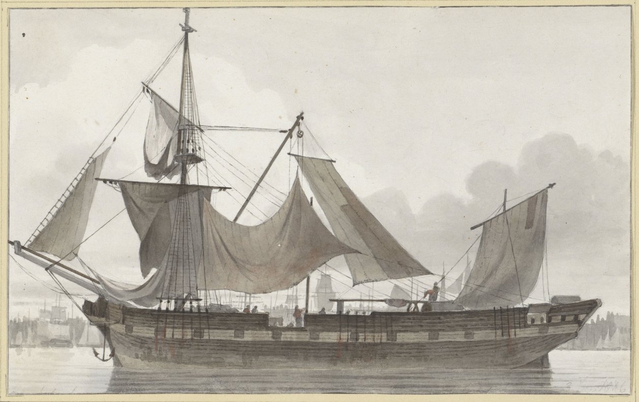 Three-Master Under Emergency Rigging, Entering a Harbor with Light Wind by Hendrik Abraham Klinkhamer