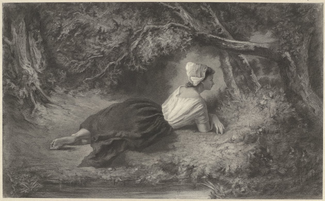 Girl Lying under Trees by Water by Hendrik Adriaan Christiaan Dekker