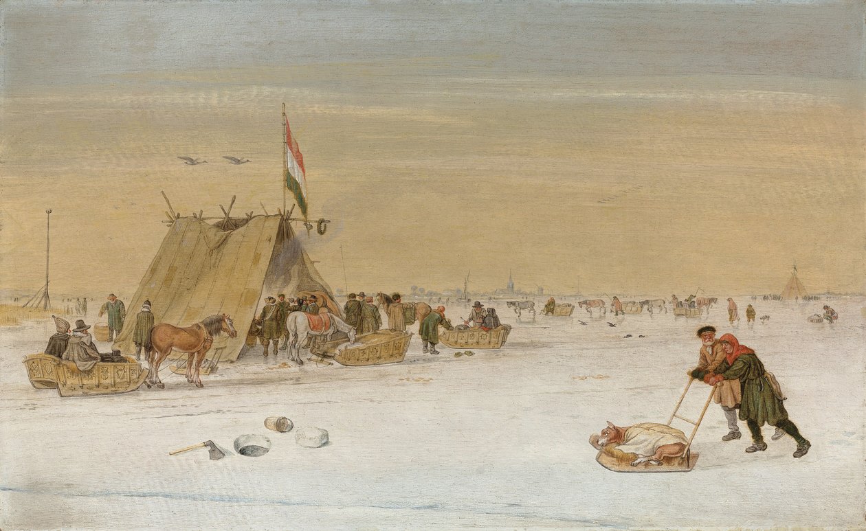 A Winter Landscape with Figures on the Ice by a Koek-en-Zopie Tent by Hendrik Avercamp
