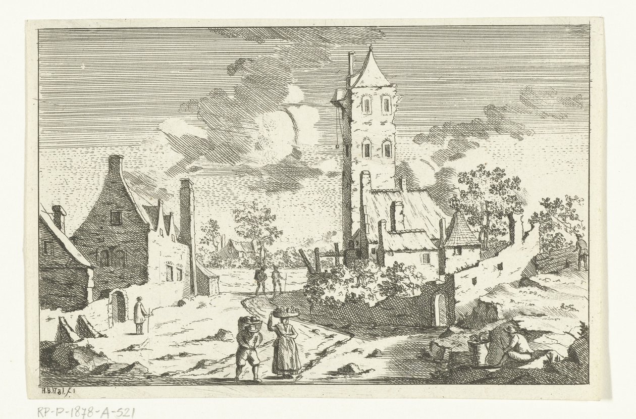 Village Scene with Houses and Tower on Sandy Road with Figures by Hendrik Berg