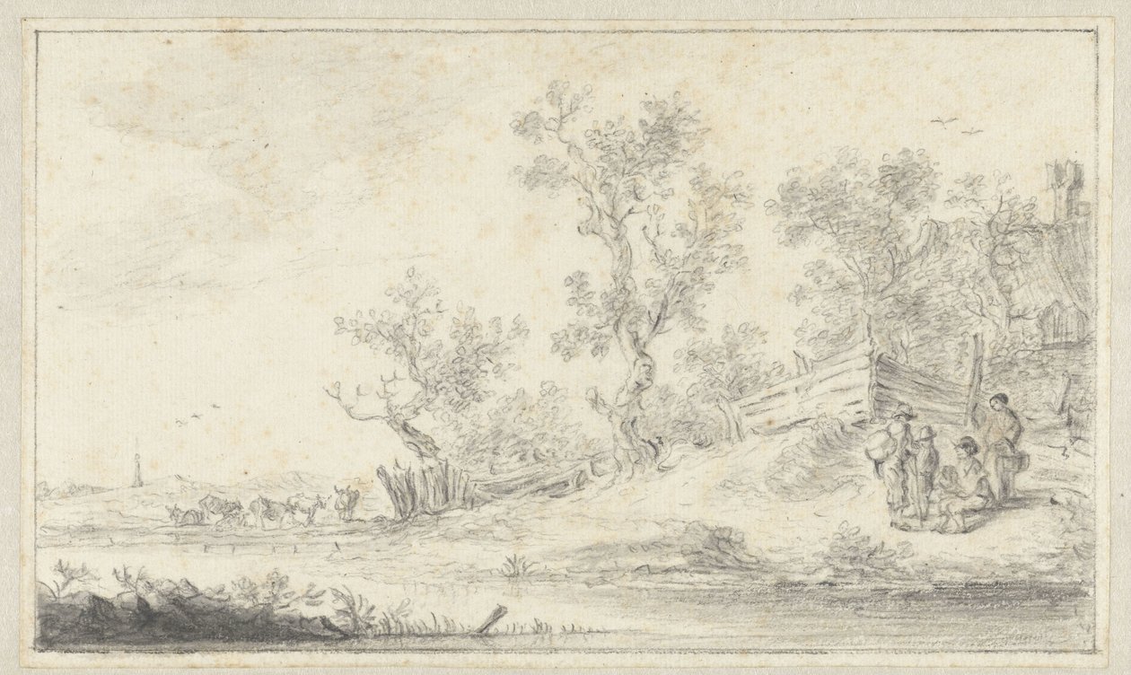 Landscape with a Group of Four People, Cattle on the Left by Hendrik Chalon