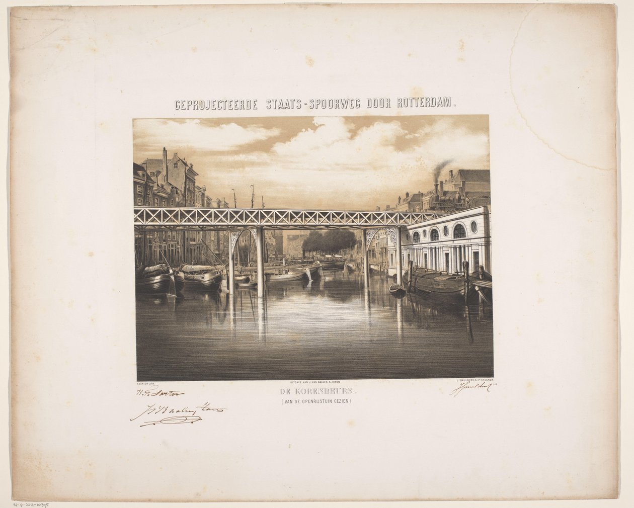 View of the Korenbeurs in Rotterdam with Future Vision of a Railway (series title: Projected State Railway through Rotterdam) by Hendrik Frederik Sartor